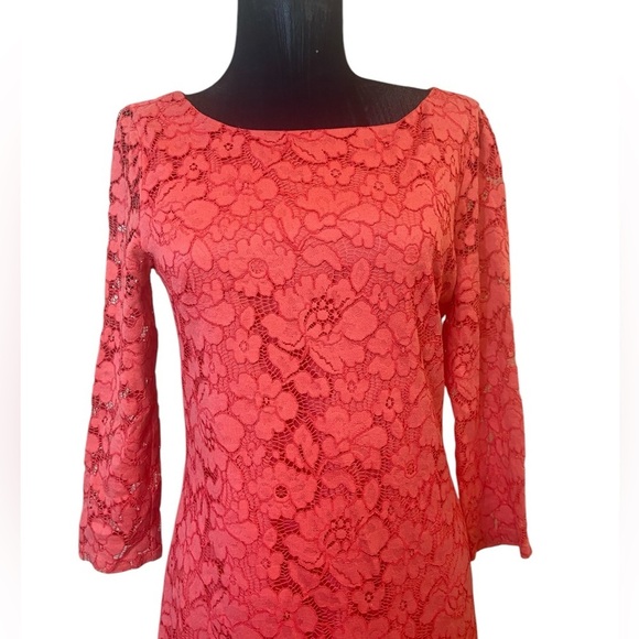 Vince Camuto Coral Pink Floral Lace Crochet 3/4 Sleeve Midi Dress 4 - Picture 8 of 12